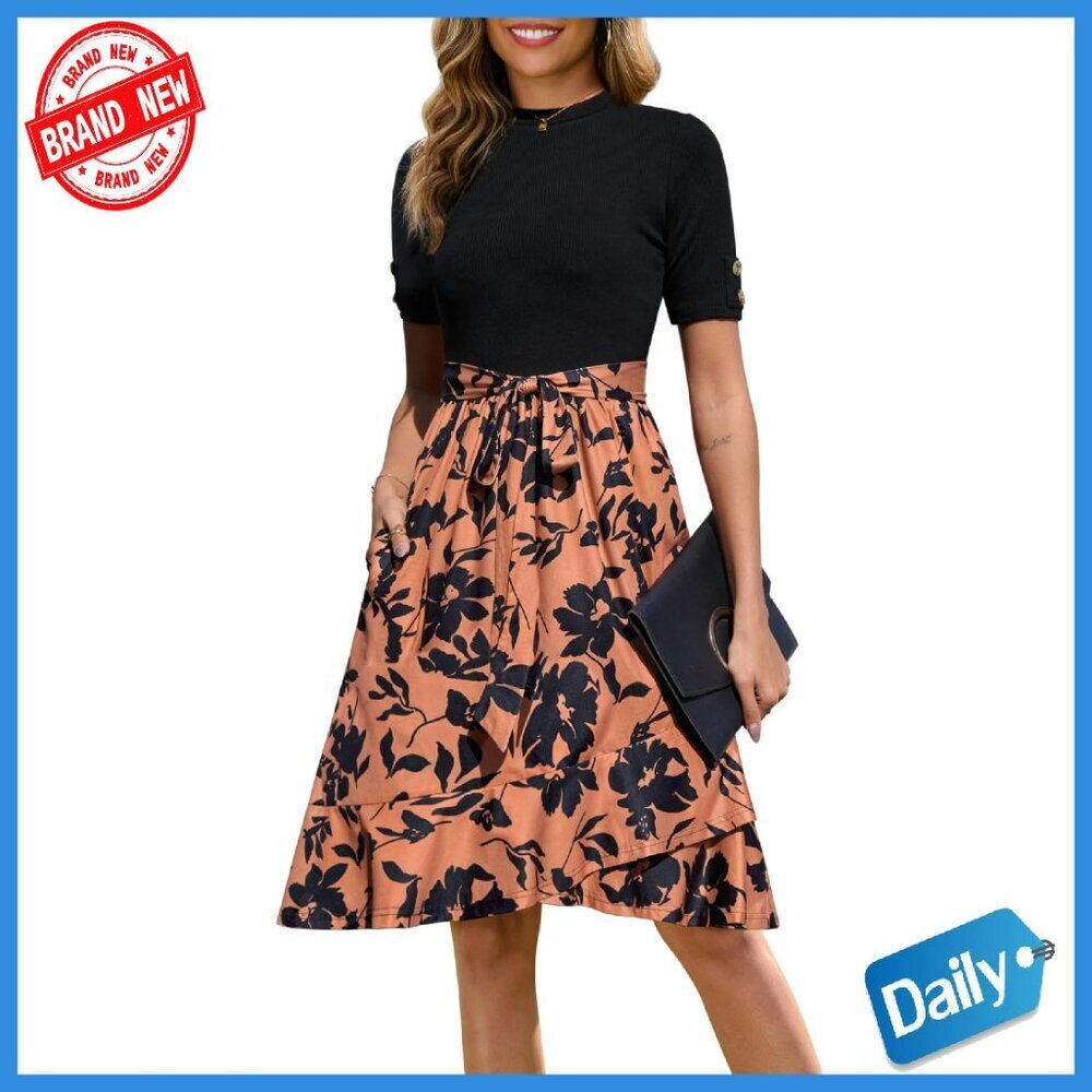Short Sleeve Ribbed Midi Dress with Pockets, Elastic Waist, Flowy Skirt